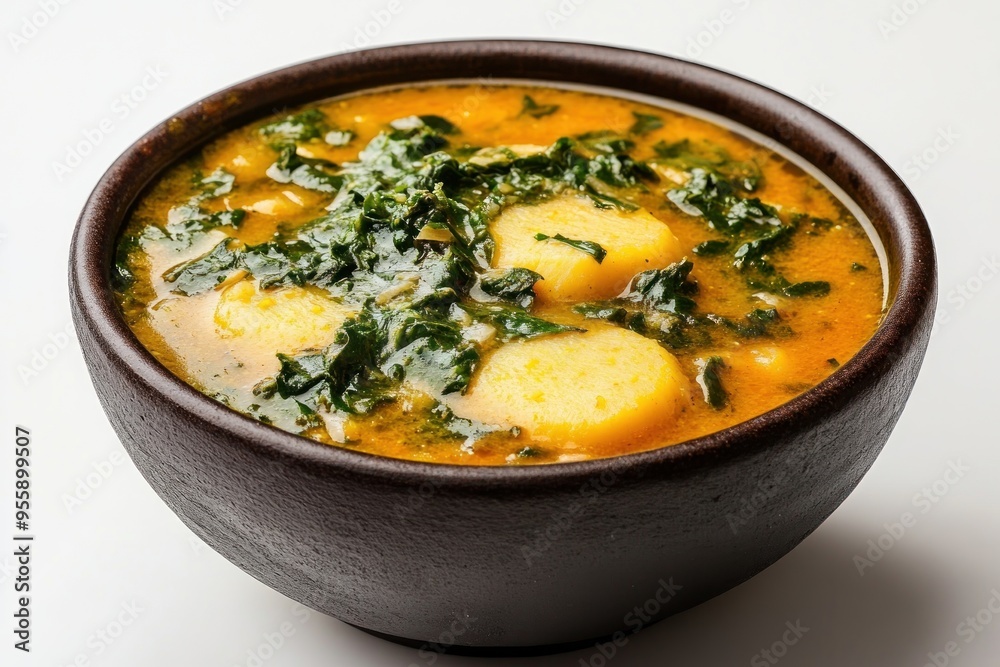 A bowl of yellow soup with potato dumplings and greens A bowl of yellow soup with potato dumplings and greens