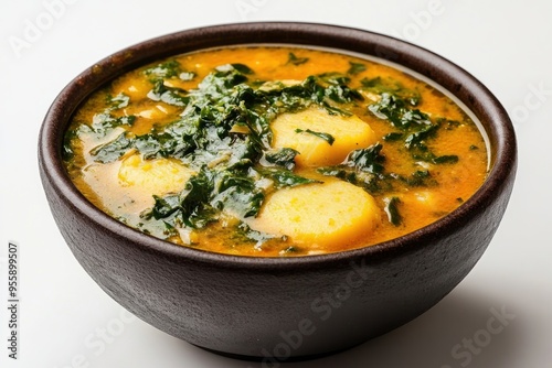 A bowl of yellow soup with potato dumplings and greens