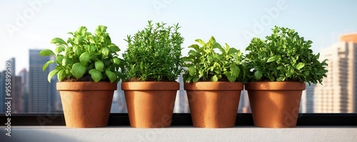 A small balcony garden with organic herbs and vegetables growing in repurposed containers