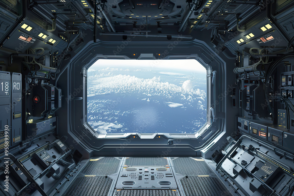 Fototapeta premium A futuristic cockpit with a view of a city and a planet,