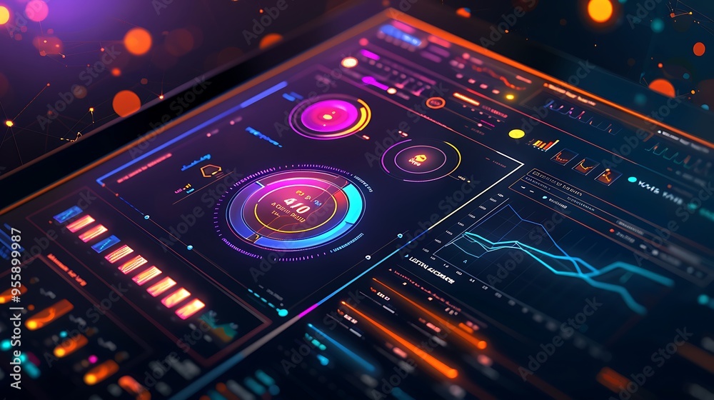 Close-up view of a futuristic interface with a HUD (Heads-Up Display) design. The display showcases a sleek and modern digital aesthetic with vibrant colors.