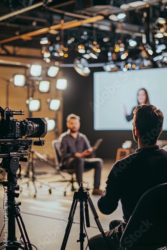 An industry influencer being interviewed on a popular business show. Studio lights and cameras in the background