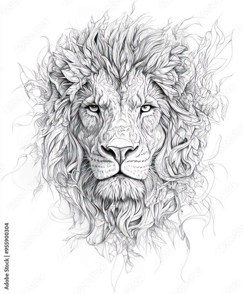 Fototapeta premium A detailed illustration of a lion's head with intricate mane design.