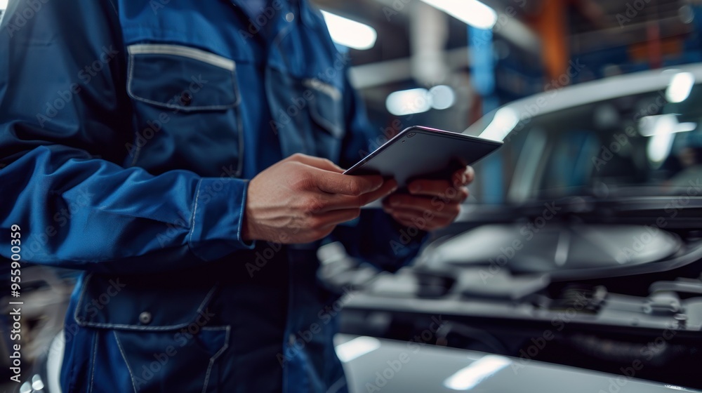 Focus on male auto mechanic in uniform using digital tablet while standing and checking engine in car service center. Focus on male auto mechanic in uniform using digital tablet while standing and checking engine in car service center.