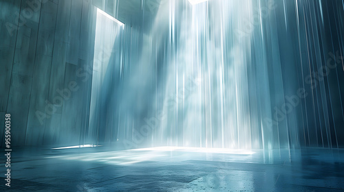 Stage with cascading light effects, soft blue and white hues