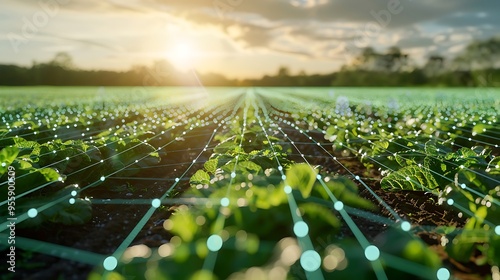 Field crops with digital network overlay for representing smart farming precision agriculture innovation data monitoring sustainable growth and technology integration concept.