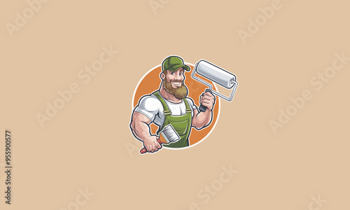 A muscular cartoon painter holding a roller and brush, smiling confidently