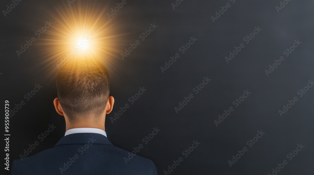 A businessman stands confidently against a dark background, exuding creativity and inspiration with a glowing thought above his head. A businessman stands confidently against a dark background, exuding creativity and inspiration with a glowing thought above his head.