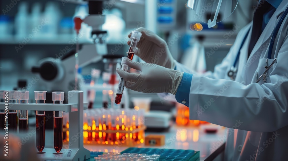 A scientist's hand is picking up a blood sample tube from a shelf against the background of a laboratory analysis kit. A scientist's hand is picking up a blood sample tube from a shelf against the background of a laboratory analysis kit.