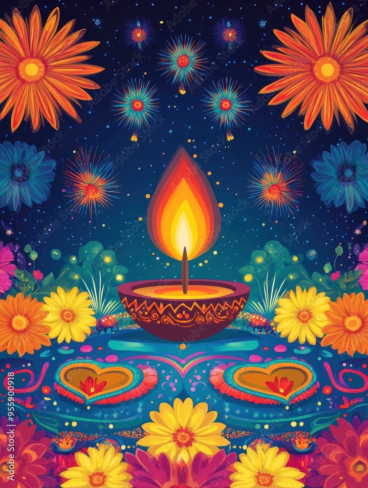 festive Diwali poster with colorful rangoli patterns at the bottom, decorated with vibrant flowers, lamps, and fireworks in the background, ample copy space in the center, ai festive Diwali poster with colorful rangoli patterns at the bottom, decorated with vibrant flowers, lamps, and fireworks in the background, ample copy space in the center, ai