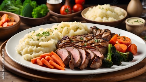 a platter of meat served with veggies and mashed potatoes on the side. The veggies are roasted, and the meat is nicely cooked and seasoned.