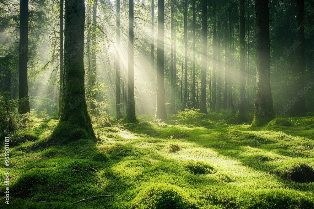 Fototapeta premium Sunlight in a green forest. Forest sunbeam. Ray of sunlight in forest green. Mossy forest sunbeam , ai