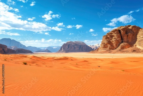 Orange red sand desert, rocky formations and mountains background, blue sky above - typical scenery in Wadi Rum, Jordan with generative ai