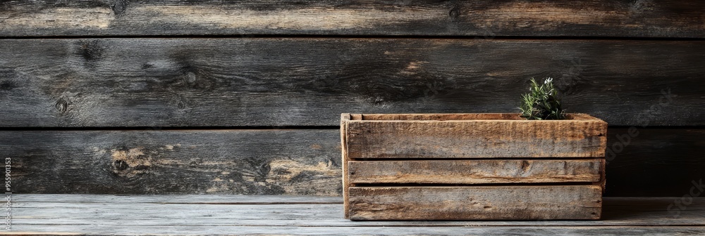 Fototapeta premium A weathered wooden crate sits on a rustic wooden surface, providing a natural and charming backdrop for product displays or decorative elements. The crate's rustic texture and distressed finish evoke 
