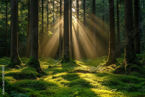 Sunlight in a green forest. Forest sunbeam. Ray of sunlight in forest green. Mossy forest sunbeam , ai