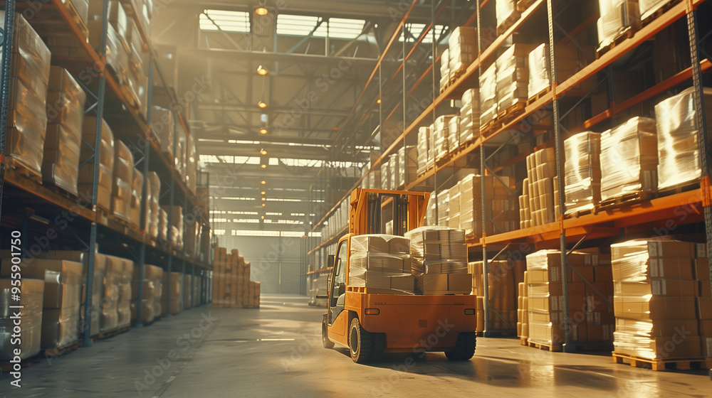 Forklift transporting goods in a large warehouse with towering shelves and industrial lighting Forklift transporting goods in a large warehouse with towering shelves and industrial lighting