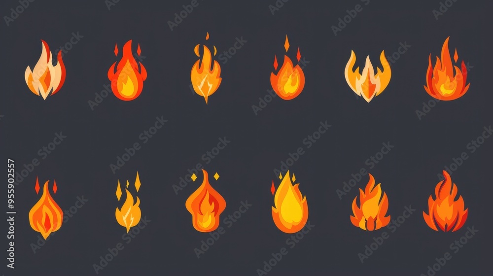 Fire icon set with flat style illustrations. Fire icon set with flat style illustrations.