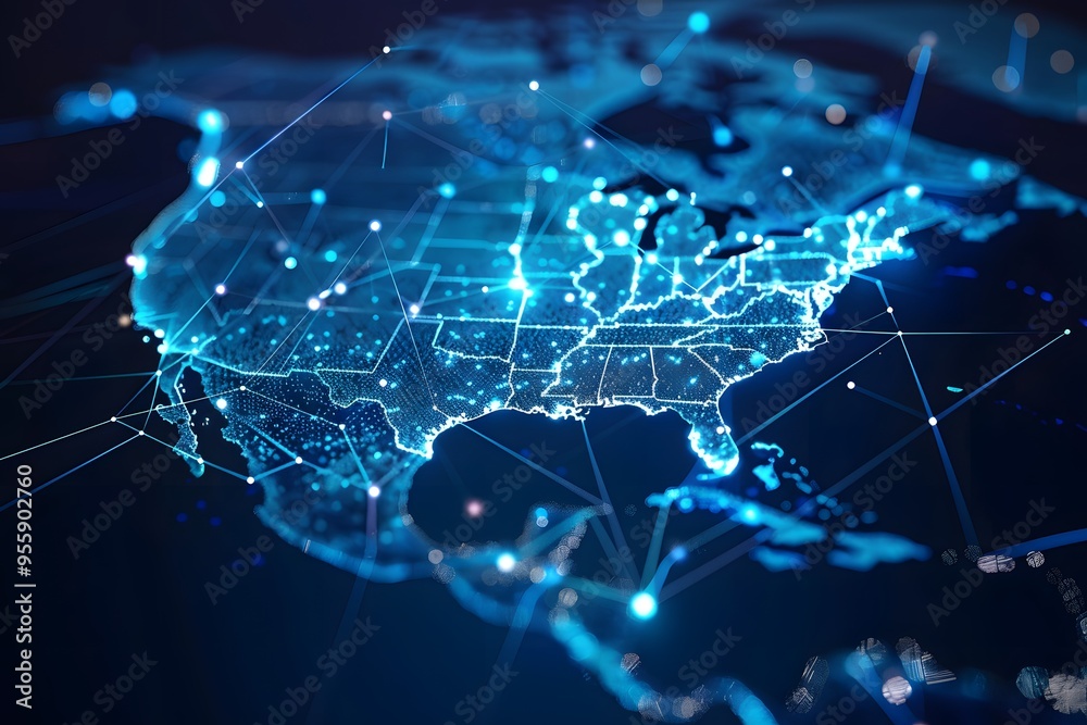 Digital Network Map of North America with Glowing Connections and Data Points Digital Network Map of North America with Glowing Connections and Data Points