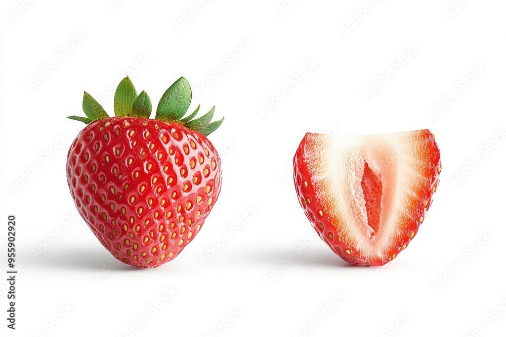 Strawberries isolated. Strawberry slice and whole on white background. Perfect retouch. Full depth of field. With clipping path. Perfect not AI strawberry, true photo, ai Strawberries isolated. Strawberry slice and whole on white background. Perfect retouch. Full depth of field. With clipping path. Perfect not AI strawberry, true photo, ai