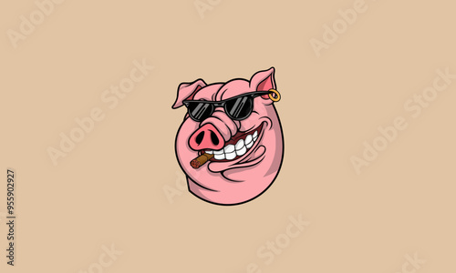 A cool pig wearing sunglasses, smoking a cigar, grinning mischievously.