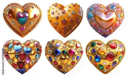 Ornate jeweled heart shaped objects isolated on transparent background