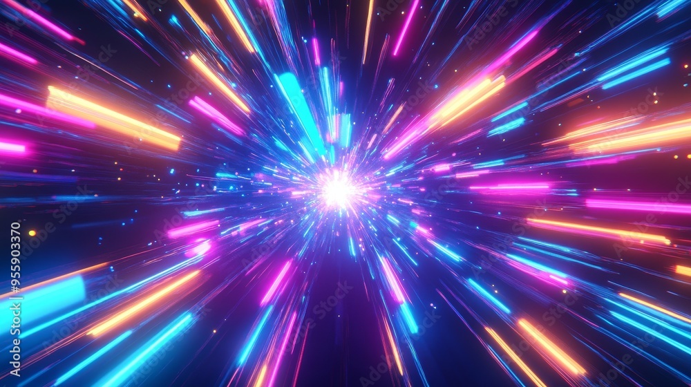 An abstract digital art piece featuring a captivating burst of neon light radiating outward. The vibrant colors, including pink, blue, and orange, create a sense of energy, speed, and dynamism. The co An abstract digital art piece featuring a captivating burst of neon light radiating outward. The vibrant colors, including pink, blue, and orange, create a sense of energy, speed, and dynamism. The co