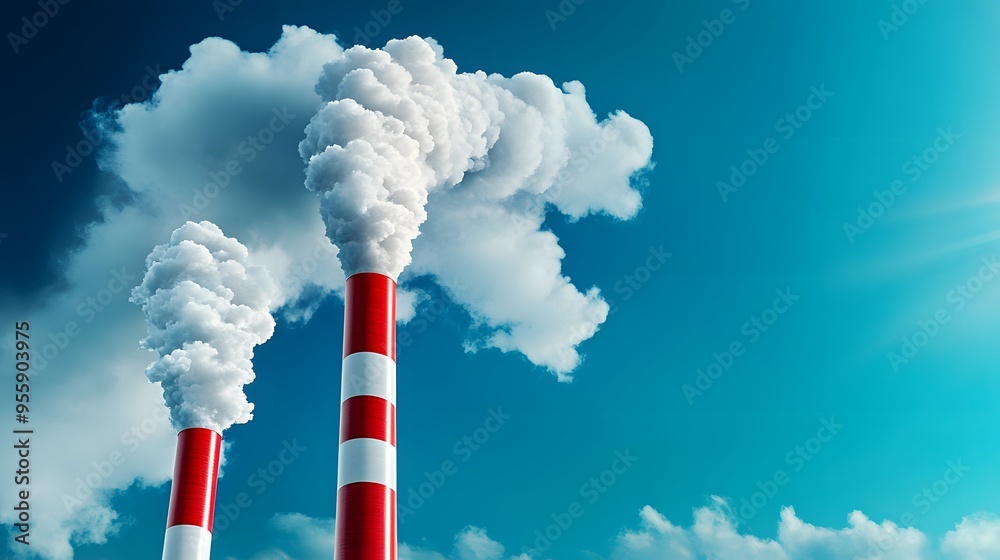 Red and White Smoke Stacks with Plumes of Smoke Against Blue Sky. Red and White Smoke Stacks with Plumes of Smoke Against Blue Sky.