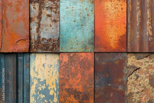 Processed collage of old rusty metal sheet texture in daylight. Background for banner, backdrop or texture for 3D mapping , ai