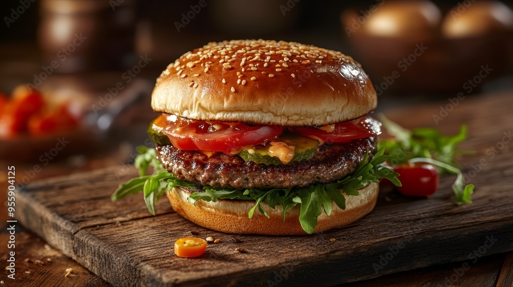 Delicious burger in cozy cafe. Burger background Delicious burger in cozy cafe. Burger background