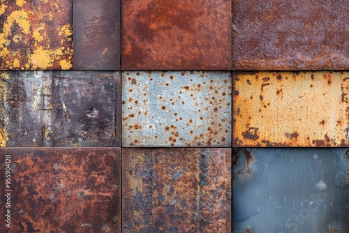 Processed collage of old rusty metal sheet texture in daylight. Background for banner, backdrop or texture for 3D mapping , ai