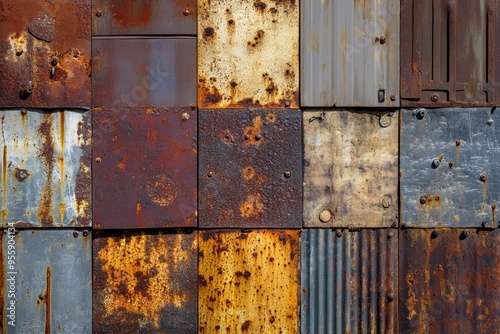 Processed collage of old rusty metal sheet texture in daylight. Background for banner, backdrop or texture for 3D mapping , ai