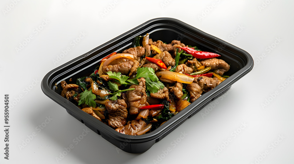 Black plastic rectangular container of Thai food isolated white background Black plastic rectangular container of Thai food isolated white background