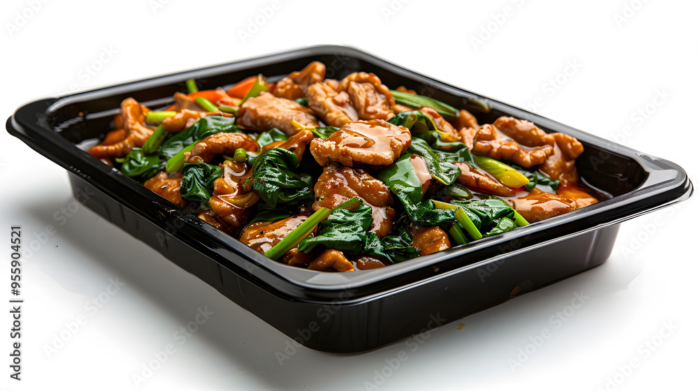 Black plastic rectangular container of Thai food isolated white background