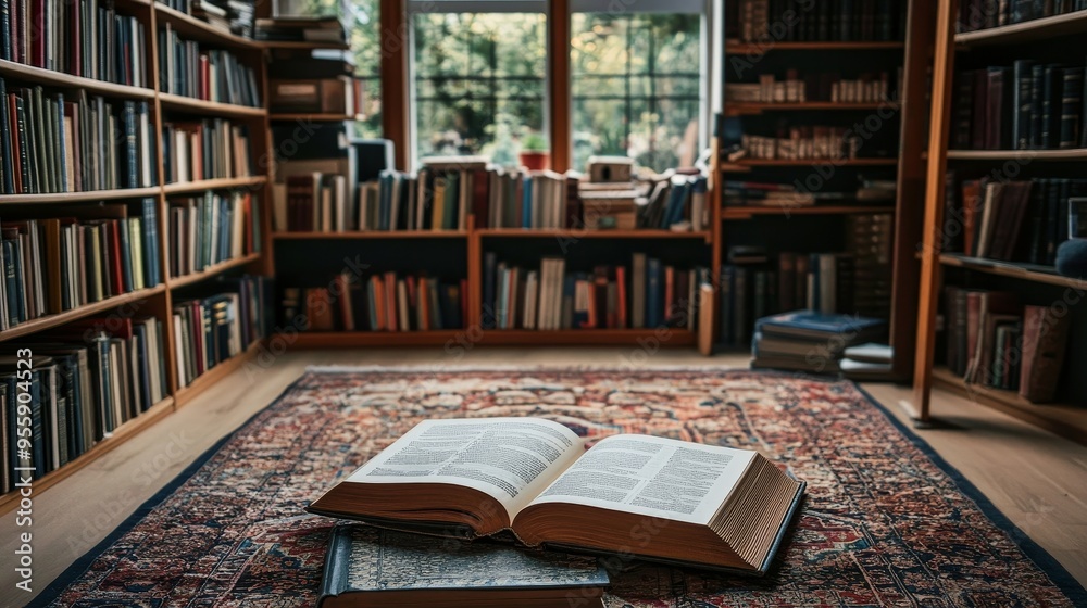 Fototapeta premium An open book lies on a patterned rug in the center of a room surrounded by bookshelves, symbolizing knowledge, education, reading, and the pursuit of learning. The abundance of books suggests a well-s