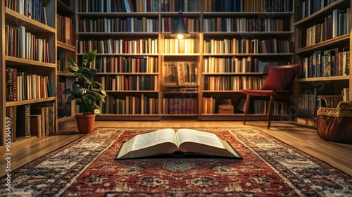 An open book lies on a vibrant patterned rug, bathed in warm light, surrounded by towering bookshelves filled with knowledge. The scene embodies a love for reading, the pursuit of wisdom, and the comf photo