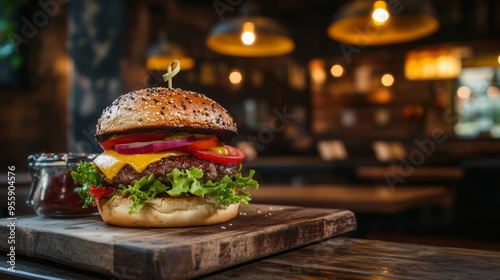 Delicious burger in cozy cafe. Burger background photo