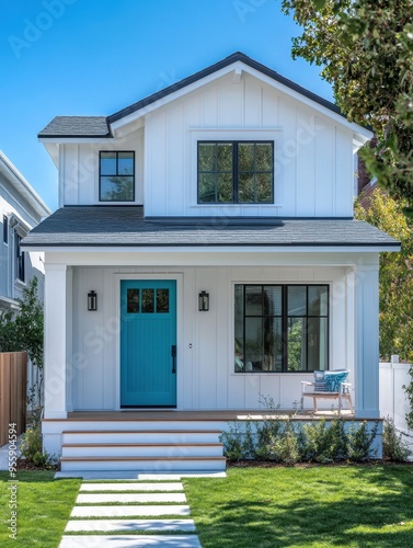 A white house with a blue door and a black roof