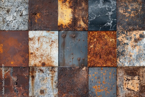 Processed collage of old rusty metal sheet texture in daylight. Background for banner, backdrop or texture for 3D mapping , ai