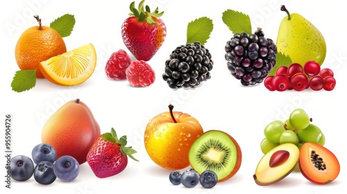 High quality realistic vector set of fruits and berries. Bright colors spread out on a white background.