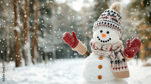 A charming snowman with a traditional top hat, scarf, and coal buttons standing in a snowy winter landscape.