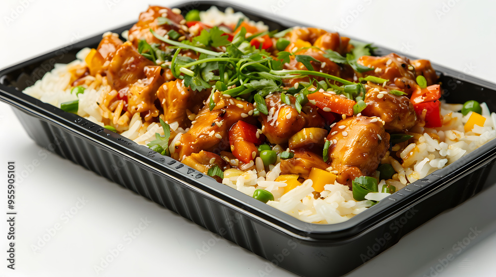 Black plastic rectangular container of Thai food isolated white background Black plastic rectangular container of Thai food isolated white background