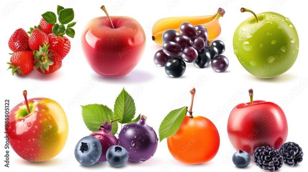 High quality realistic vector set of fruits and berries. Bright colors spread out on a white background. High quality realistic vector set of fruits and berries. Bright colors spread out on a white background.