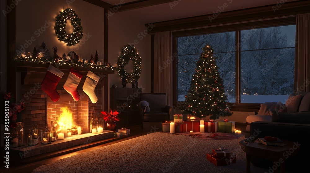 Fototapeta premium Cozy Christmas Cabin with Fireplace and Snowy View | 暖炉と雪景色が楽しめる居心地の良いクリスマスのリビング