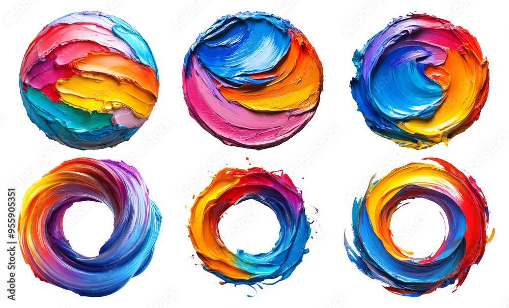 Obraz premium Colorful swirl paint effects set in circular patterns isolated on transparent background