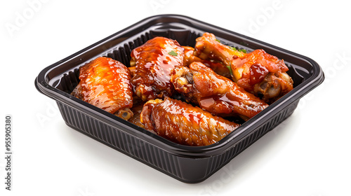 Black plastic rectangular container of Thai food isolated white background