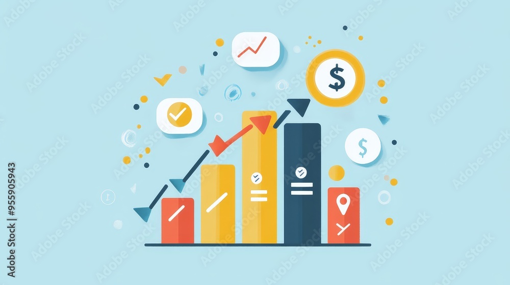 Fototapeta premium This illustration showcases the concept of customer retention and growth, depicting a rising bar chart symbolizing increased revenue, a checkmark representing customer satisfaction, and a dollar sign 
