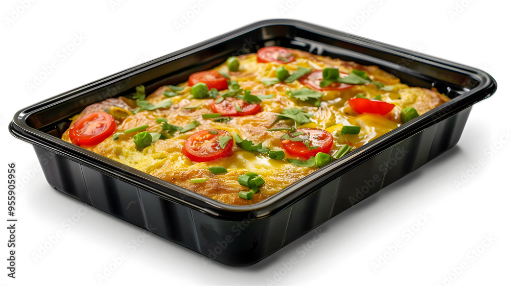 Black plastic rectangular container of Thai food isolated white background Black plastic rectangular container of Thai food isolated white background