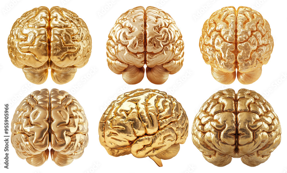 Obraz premium Set of golden human brains in different views isolated on transparent background
