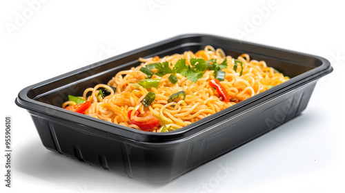 Black plastic rectangular container of Thai food isolated white background