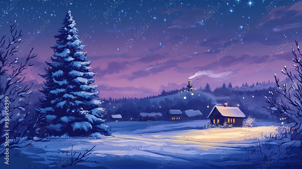 Realistic 8K Landscape Painting of a Christmas Night. Features Bold Lines Defining Shapes and Structures with Detailed Linework Adding Texture and Depth. Realistic 8K Landscape Painting of a Christmas Night. Features Bold Lines Defining Shapes and Structures with Detailed Linework Adding Texture and Depth.